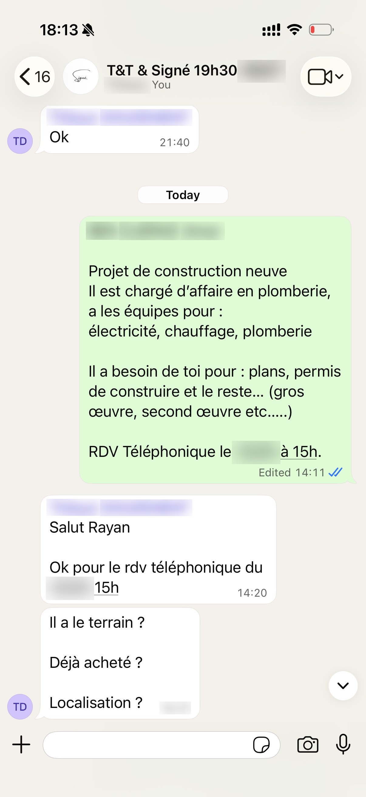 T&T Constructions — Thibaut DOUDEMENT — Projet de construction neuve transmis, rendez-vous téléphonique posé.